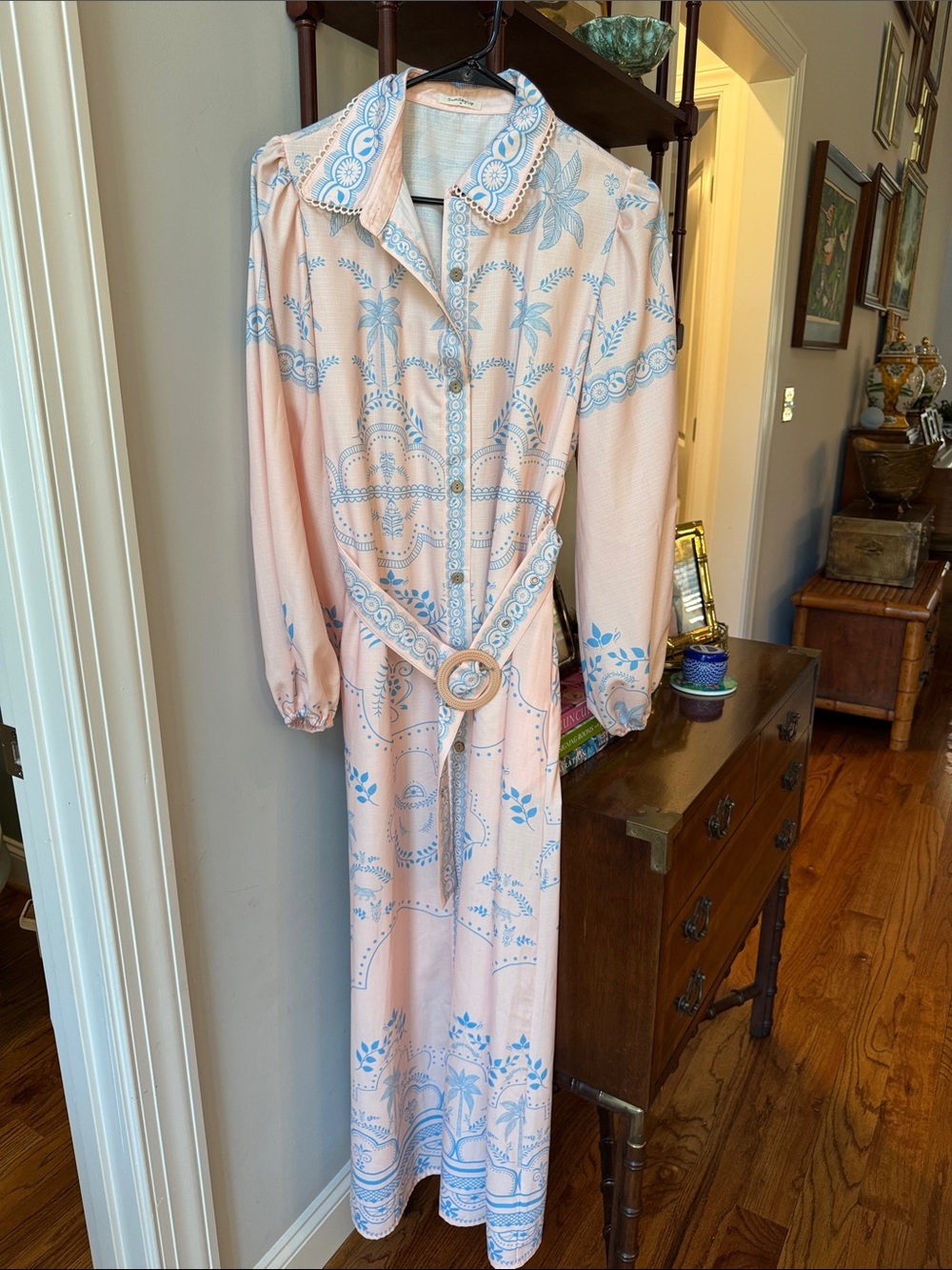 SundayUp Peach Maxi Shirt Dress with Blue Floral Motif full button down